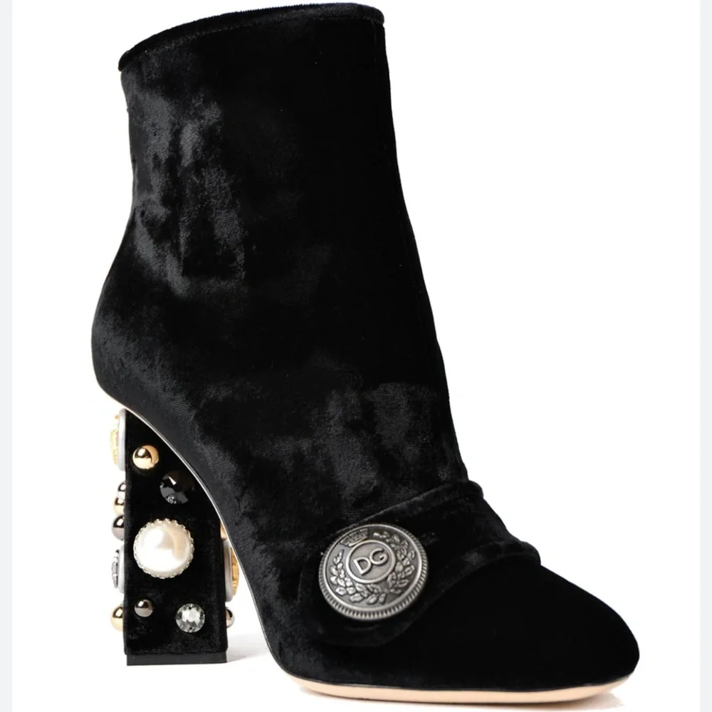 Dolce & Gabbana Jeweled Heel Velvet Booties-Women's EU Size 39 1/2 (8 1/2) - Picture 1 of 17